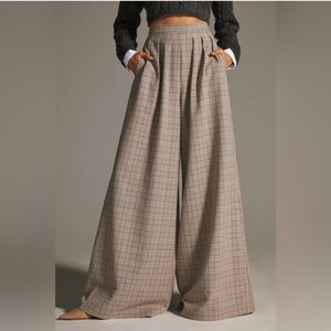 NWT Anthropologie Corey Lynn Calter Wide-Leg Plaid Trousers Pants L $160 Tan